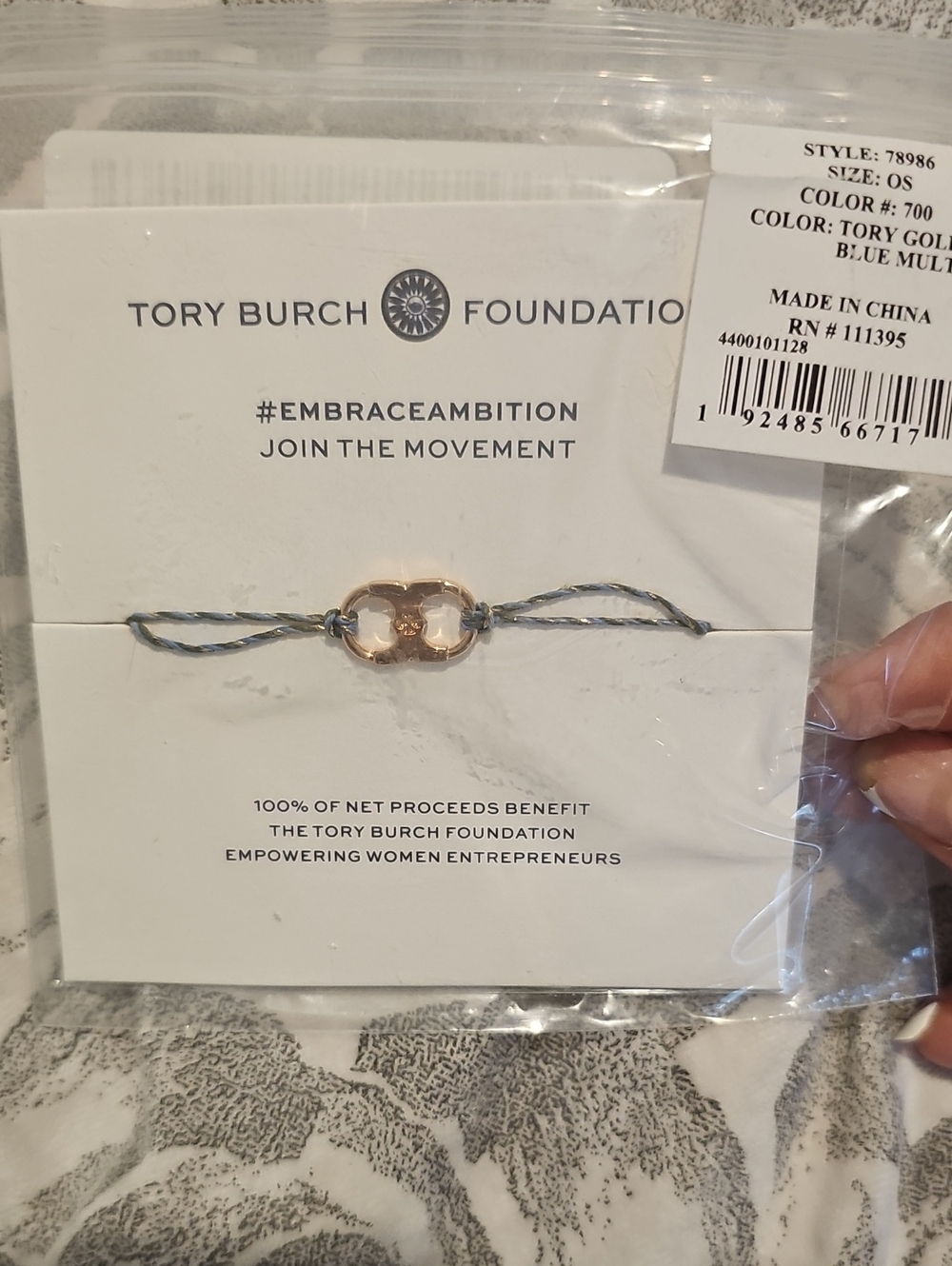 Tory Burch Gold Logo Bracelet with Blue-Gray Cord